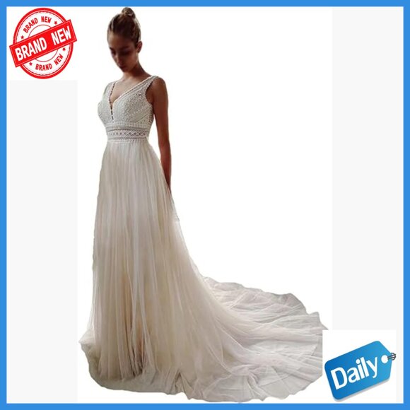 Dresses & Skirts - V-Neck Lace A-Line Wedding Dress with Tulle Layers Floor Length